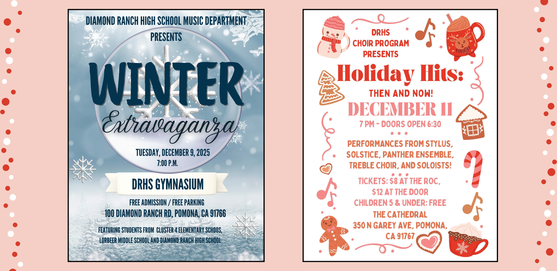 DRHS Holiday shuffle banner for home page. Winter Performances, 12/9/25 and 12/11/25.