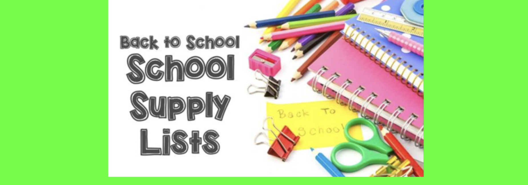 Colorful school supplies arranged with text promoting back to school lists.