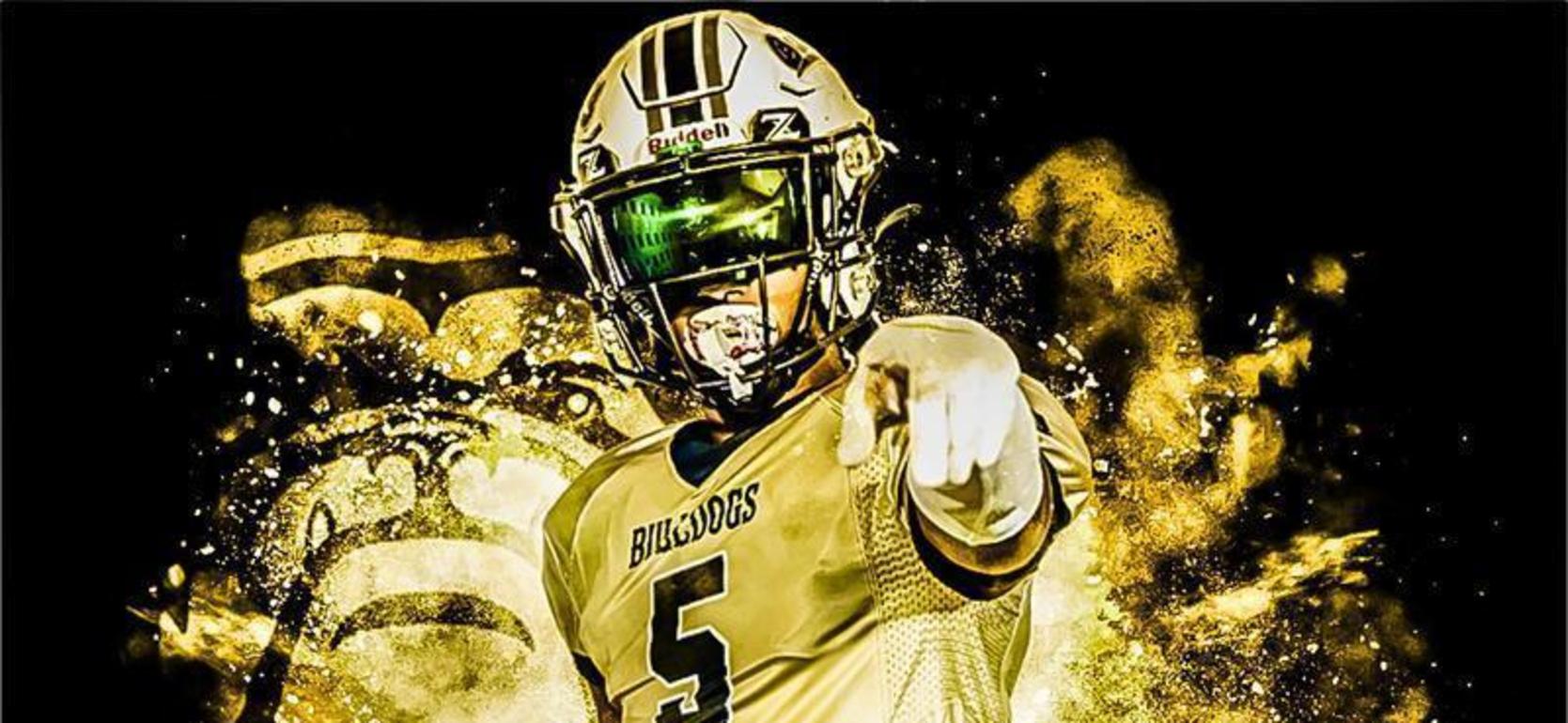 Athlete in a gold jersey pointing confidently, with a dynamic gold splatter background.