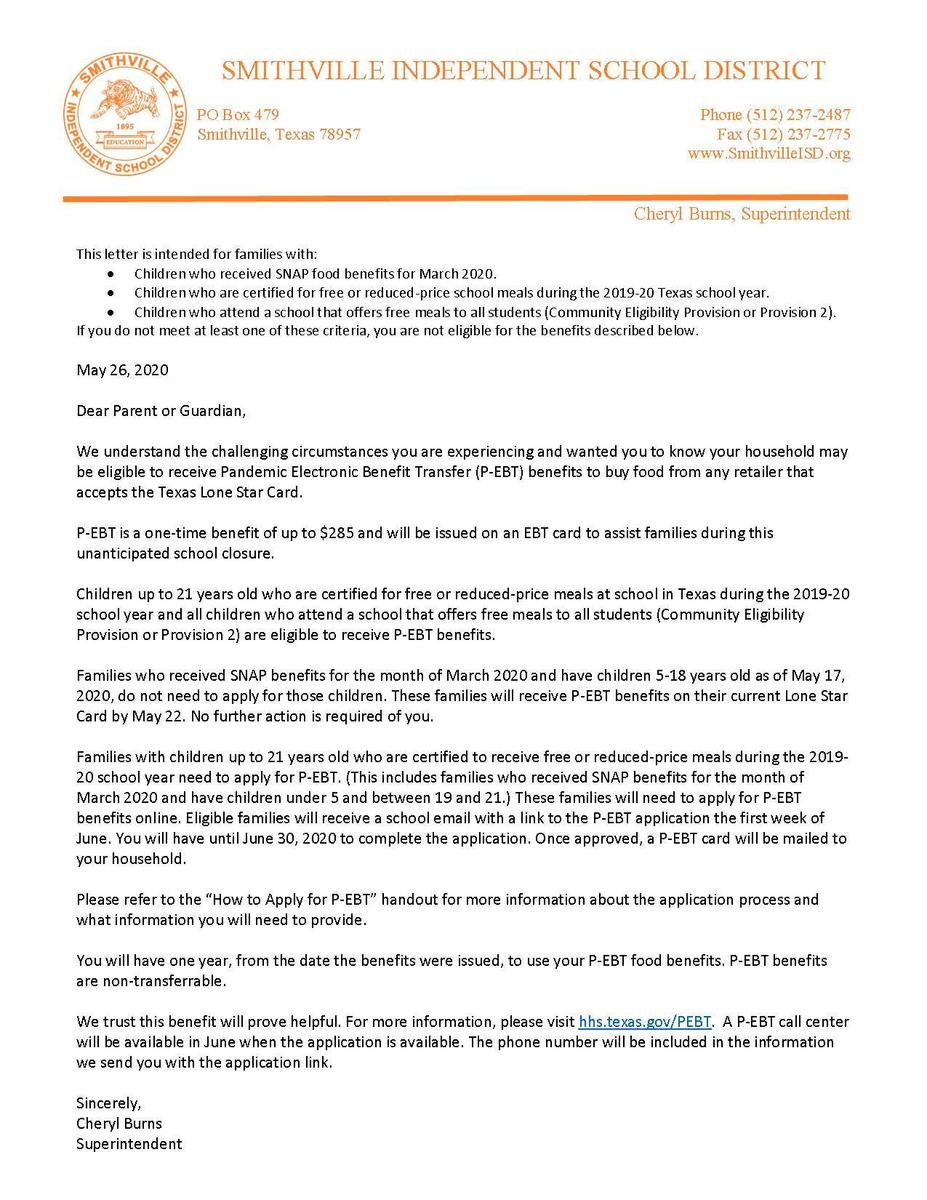 Pandemic Electronic Benefit Transfer Sisd Home Learning