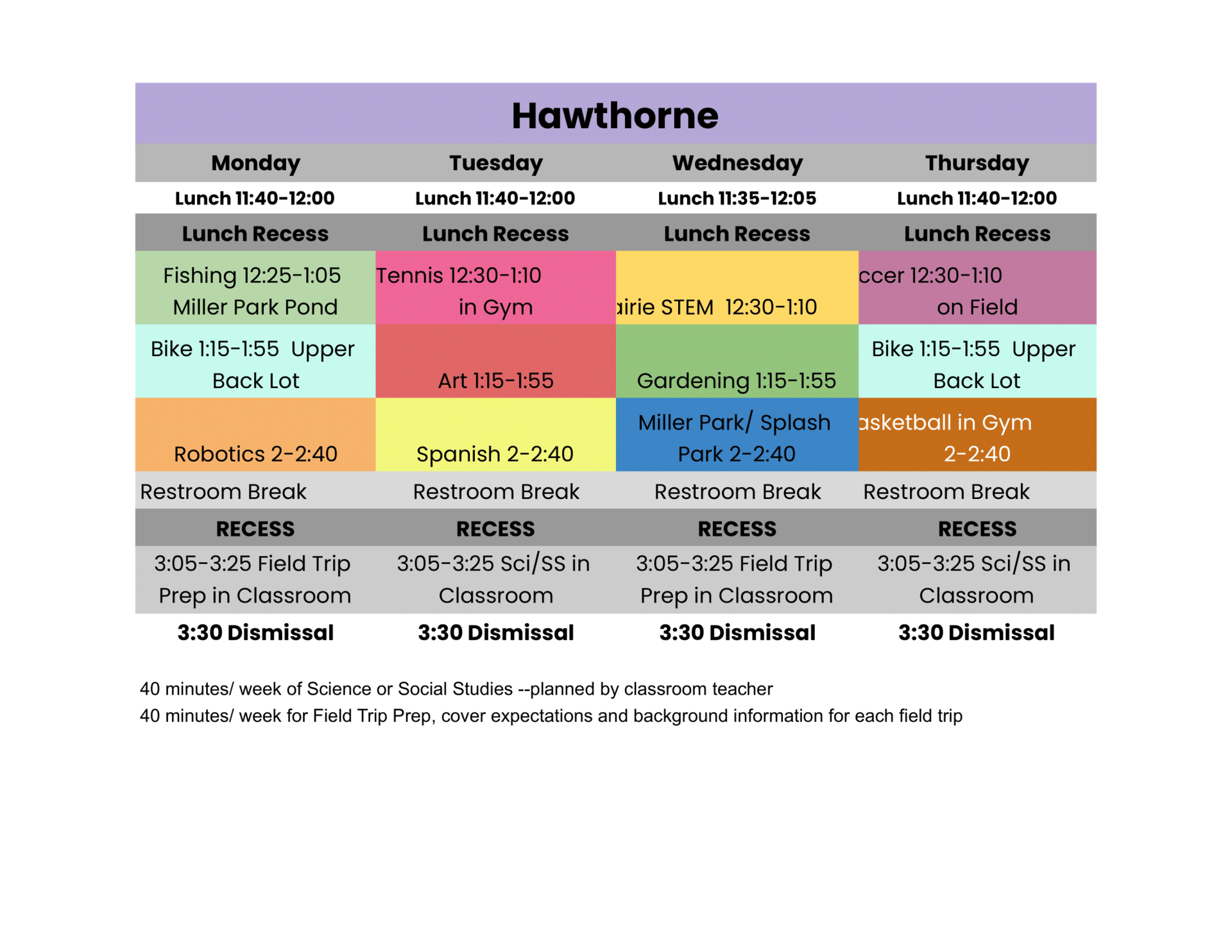 Graphic shows the summer schedule with different colors for each activity.