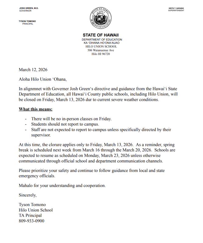 🚨 SCHOOL CLOSURE NOTICE: Friday, March 13, 2026 🚨 Featured Photo