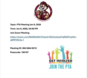 PTA Meeting flyer. January 9th, 2026