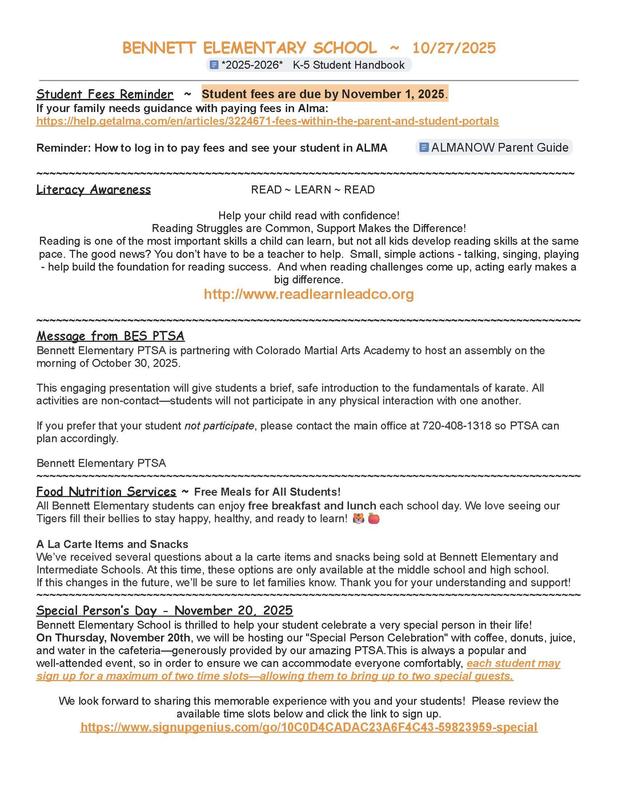 A school handbook page detailing student fees, literacy awareness, and message from the PTSA.