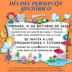 storybook characters on flyer for flyer for school event on October 31st Spanish