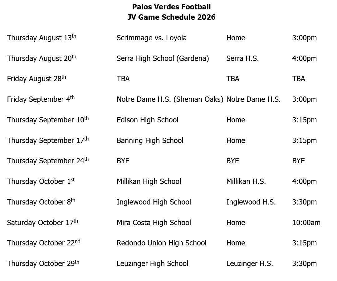 PV Sea King Football JV Game Schedule 2026