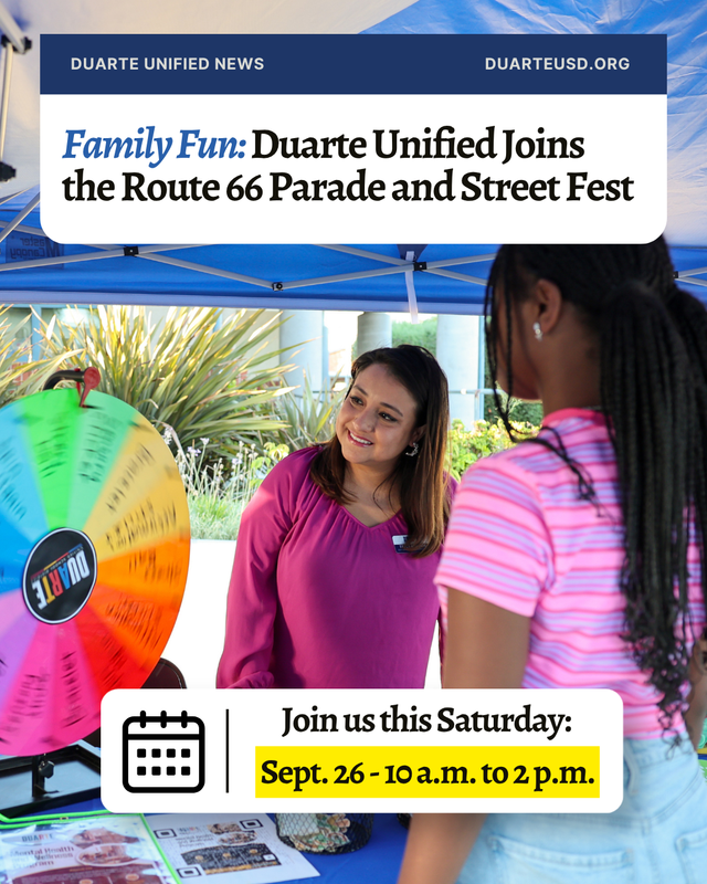 Graphic with text and a photo of a woman standing over a colorful wheel with prizes