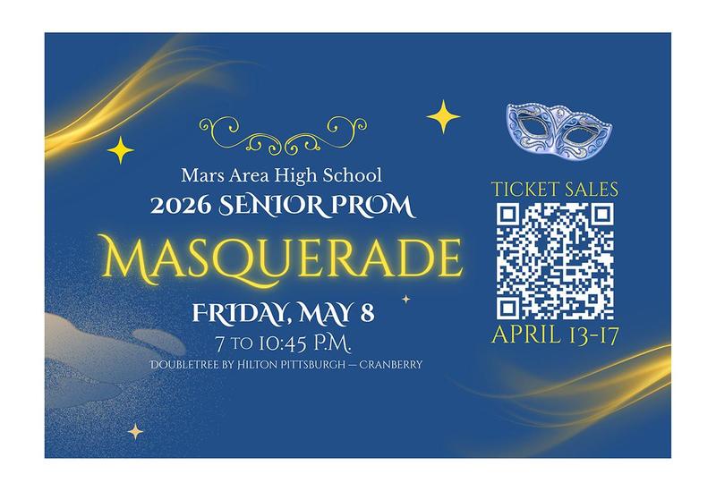 a blue background with wisp of yellow and infomatiomn regarding Mars Area High School's senior prom