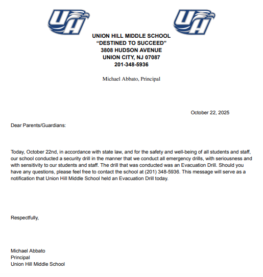 Union Hill Middle School Evacuation Drill Notification