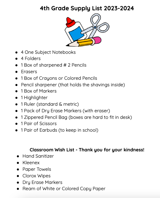 Grade 4 Supply List Supply Lists Winsor Hill Elementary School