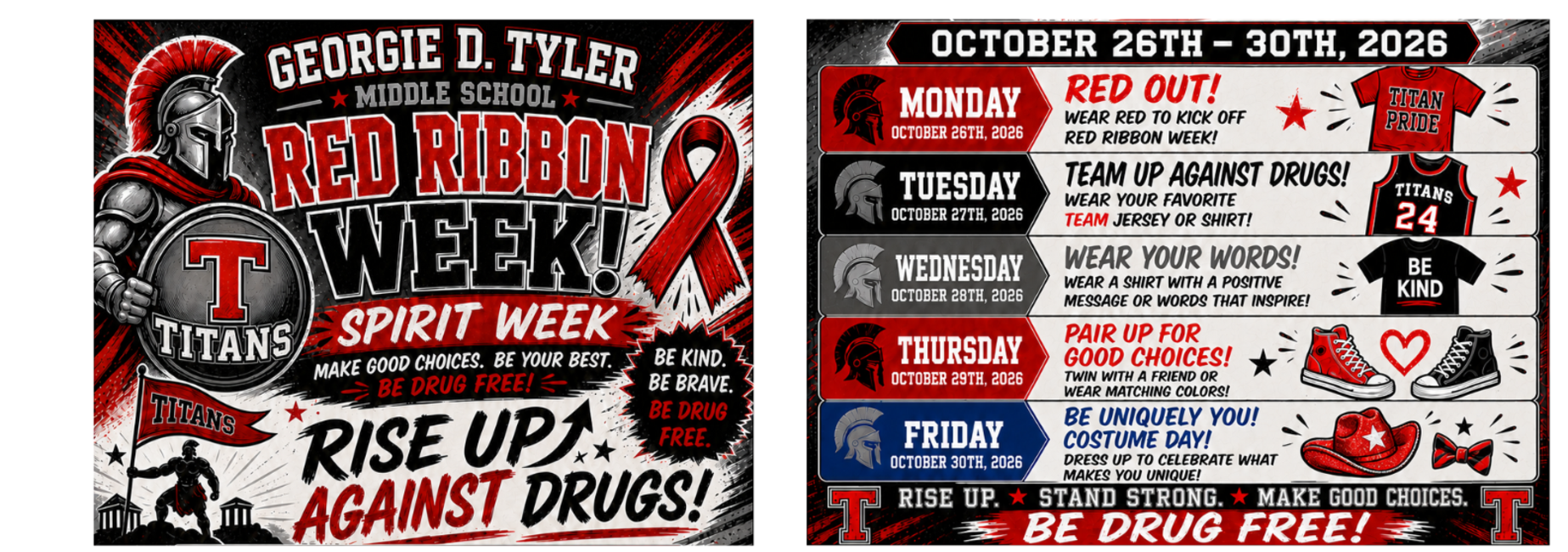 Promotional graphic for Red Ribbon Week detailing daily themes and events.
