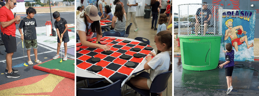 Families enjoying the festivities at Founders Day with Mathnasium spinning wheel, Kona Ice, and more