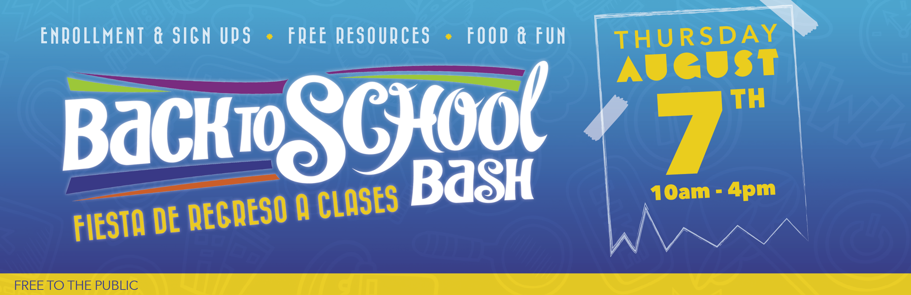 Colorful banner for Back to School Bash with event details and festive design.