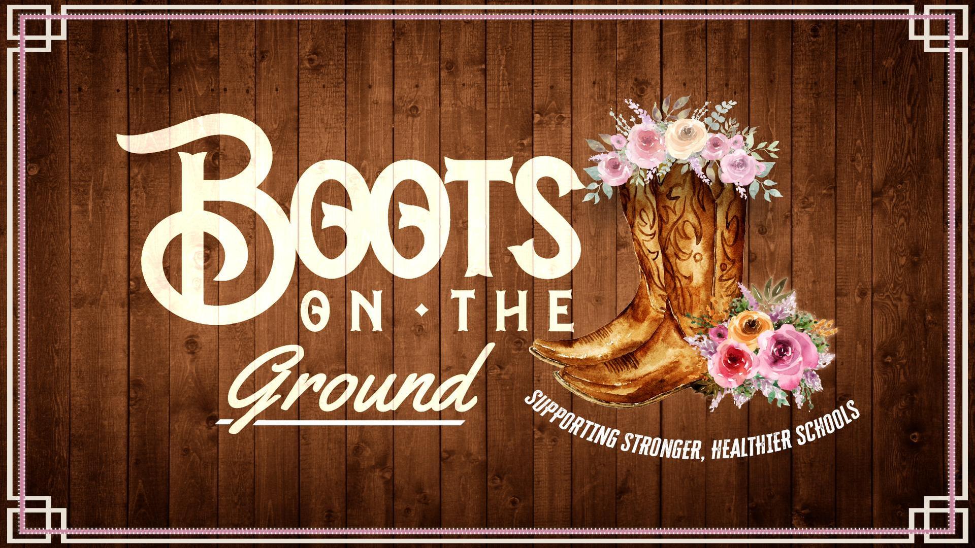 Boots on the Ground western-themed conference graphic with floral cowboy boots on wood background.