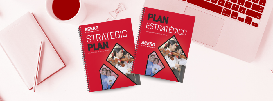 Image of Acero Schools Strategic Plan Books on a desk