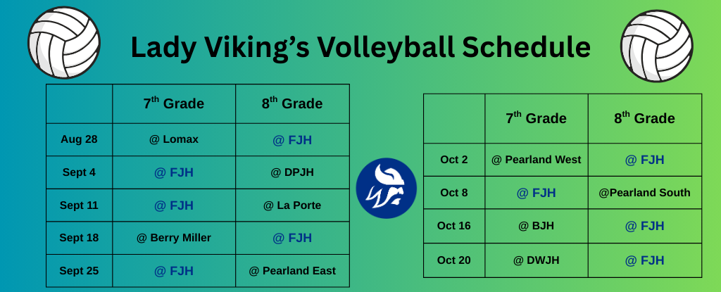 Volleyball schedule for Lady Vikings, includes dates and locations for 7th and 8th grades.