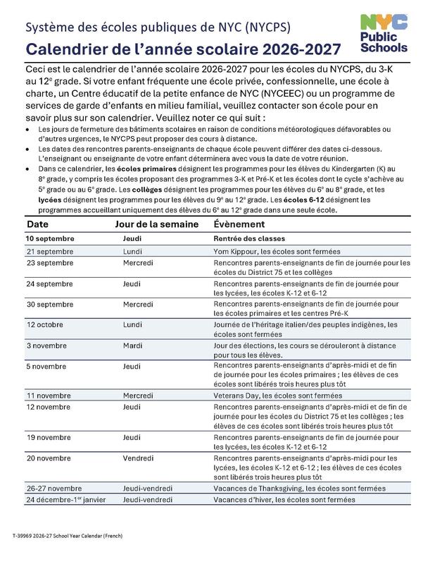 NYCPS Calendar Page 1 (French)