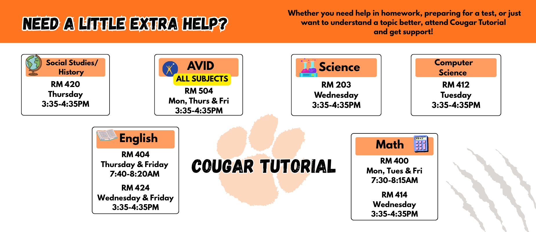 Schedule for Cougar Tutorial with subject help and meeting times.