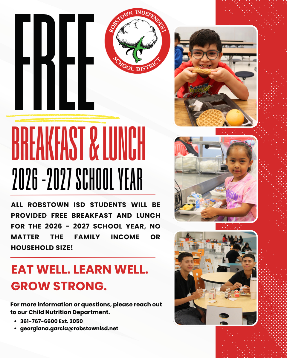 A promotional flyer for free meals with children eating and school details.