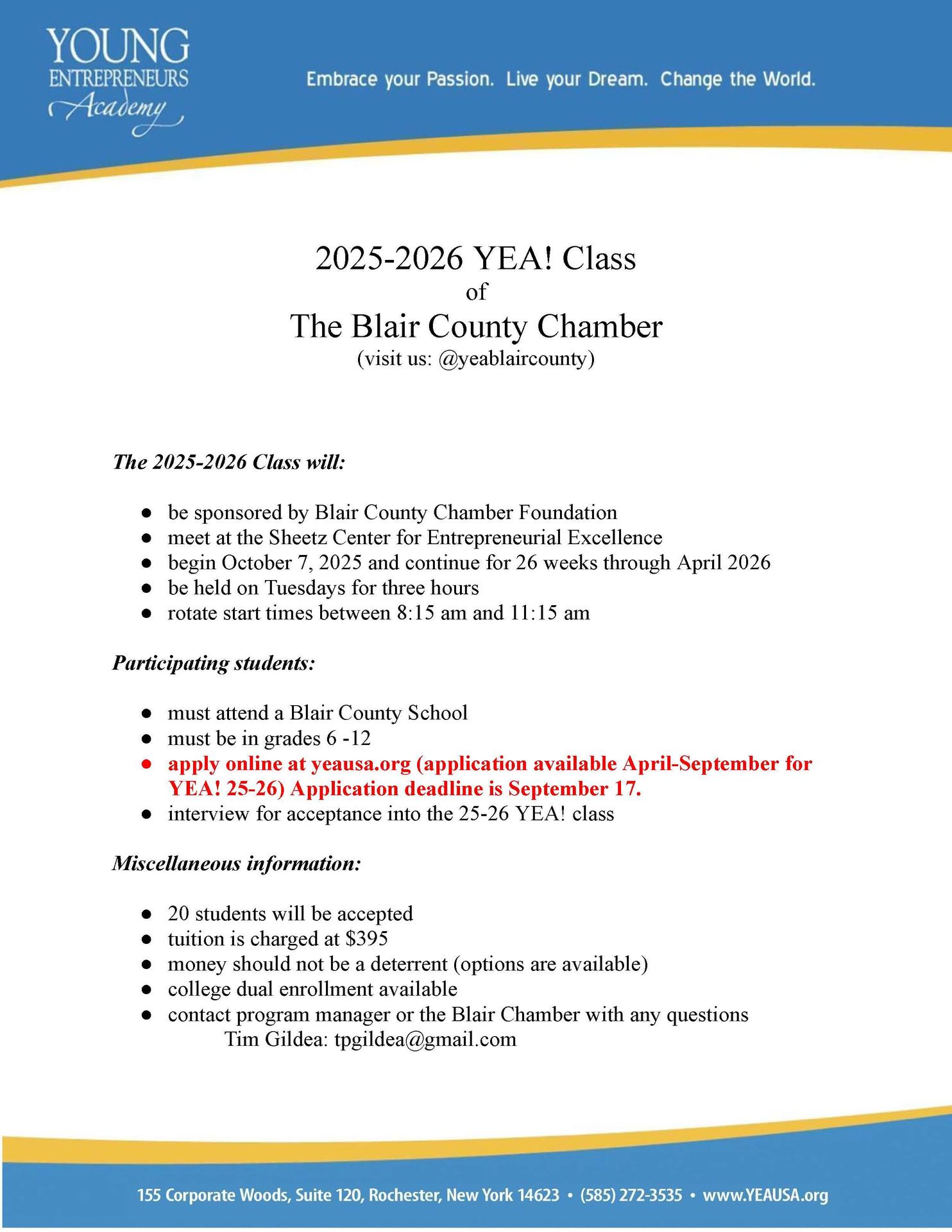 Schedule for the 2025-2026 YEA! Class from the Blair County Chamber.