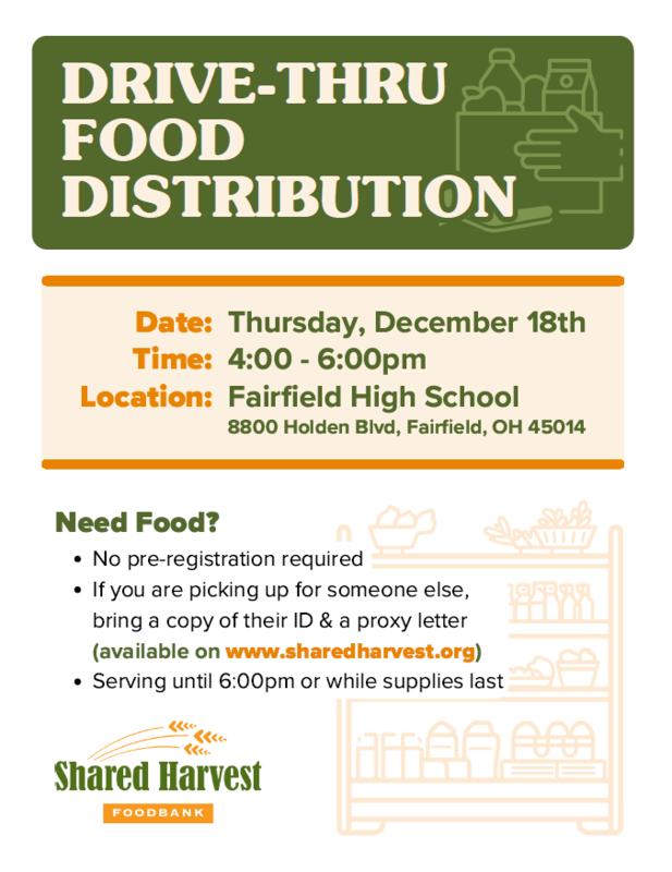 Shared Harvest Food Bank is hosting a drive-thru food distribution on Thursday, December 18, from 4:00 - 6:00 PM at Fairfield High School.