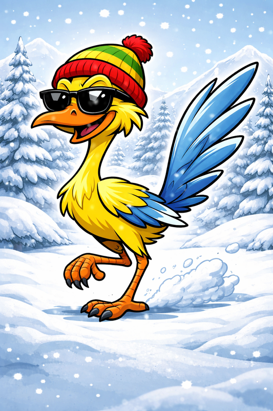 Yellow roadrunner wearing sunglasses and a beanie standing in the snow.