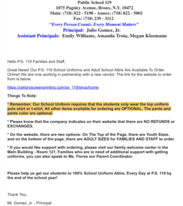 P.S. 119 School Uniforms Letter for Families 2025