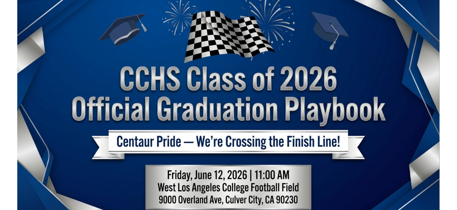 Graduation playbook with checkered flags and fireworks, date and venue details.