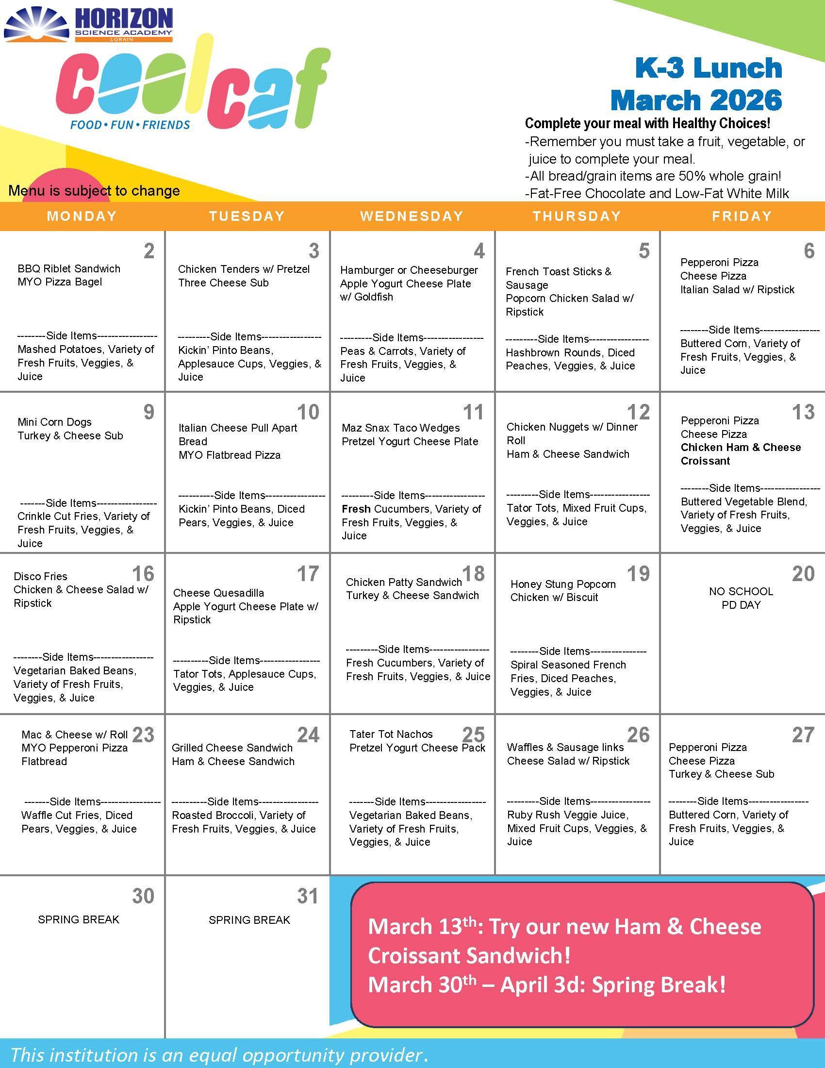 HSA West K-3 Lunch Menu March 2026