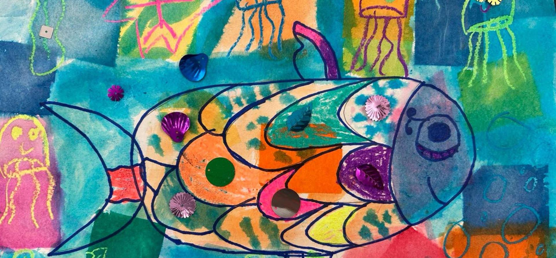 Colorful abstract fish illustration on a vibrant background.