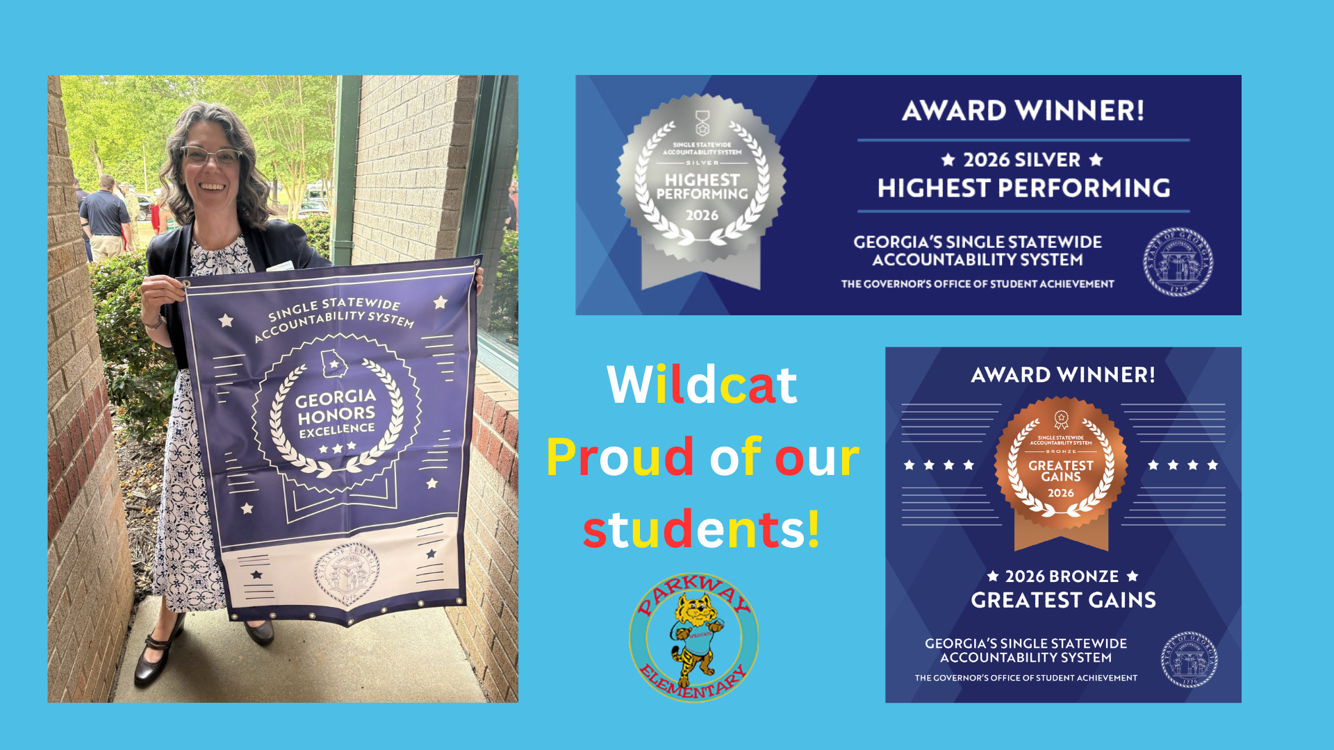Person holding a banner celebrating educational achievements with award seals.