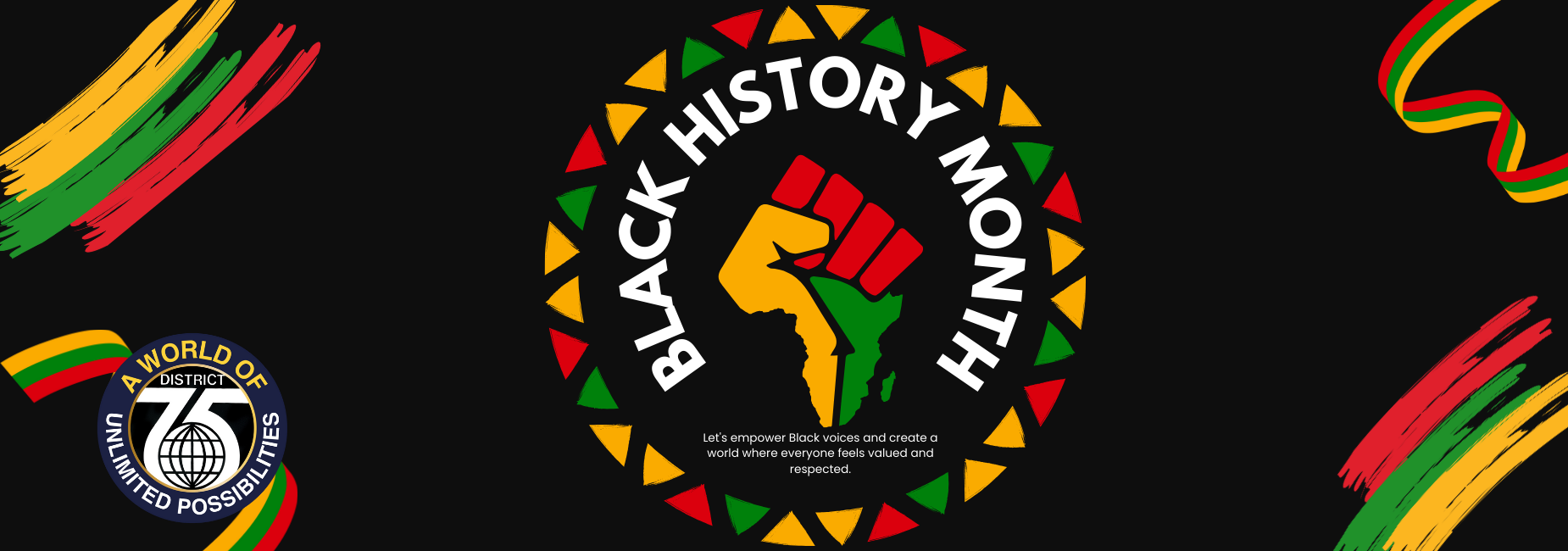 Colorful Black History Month graphic featuring Africa icon and fist symbol.