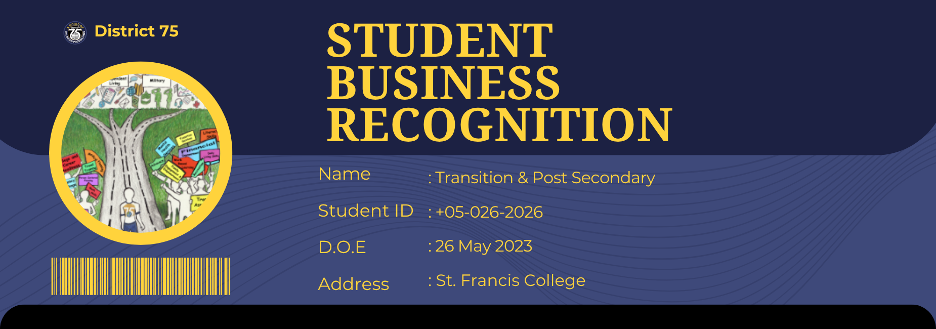 A student recognition card featuring graphics of a street layout and school details.