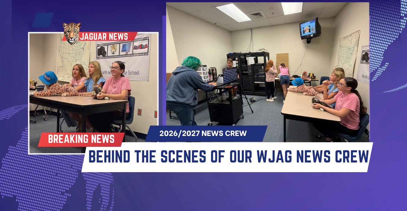 Students in a news studio setting, preparing for a broadcast.