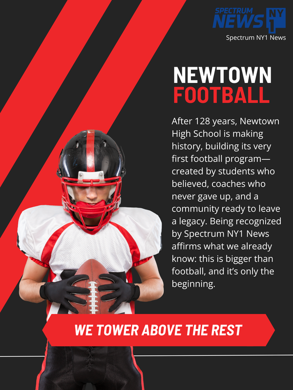 Newtown Football post celebrating Spectrum NY1 News' acknowledgement. Image of a football player holding a football.
