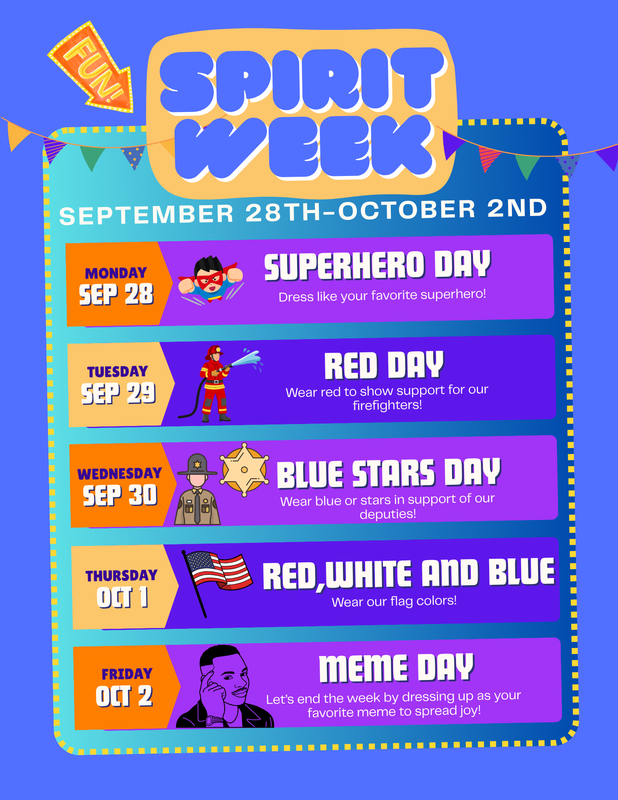 Spirit Week schedule, Sept 28–Oct 2: Superhero, Red, Blue Stars, Flag Colors, and Meme days.