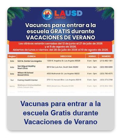 Vacunas para entrar a la escuela Gratis durante Vacaciones de Verano