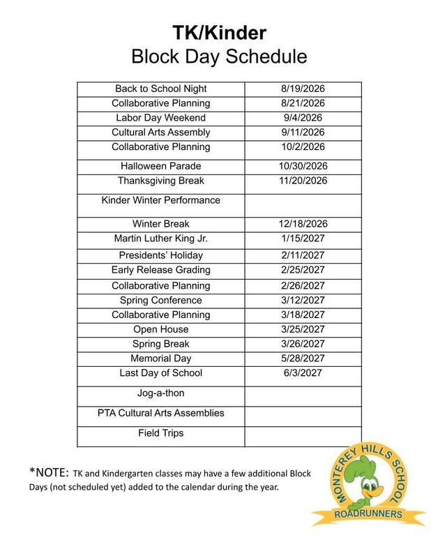 TK & Kindergarten Block Day Schedule 2026-2027 Featured Photo