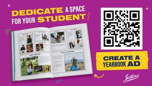 Purple background with yellow lettering with a QR code for Ads