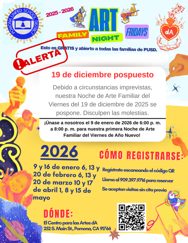 dA Family Friday Art Night Postponed till January 2026 - Spanish text