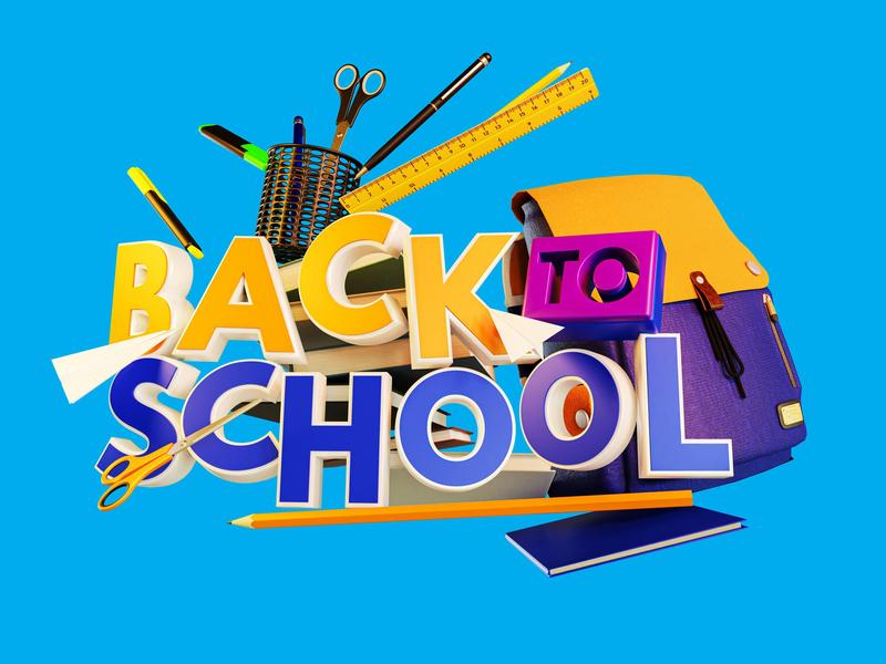 Bright vibrant colored picture of various school supplies with the text "Back to School".