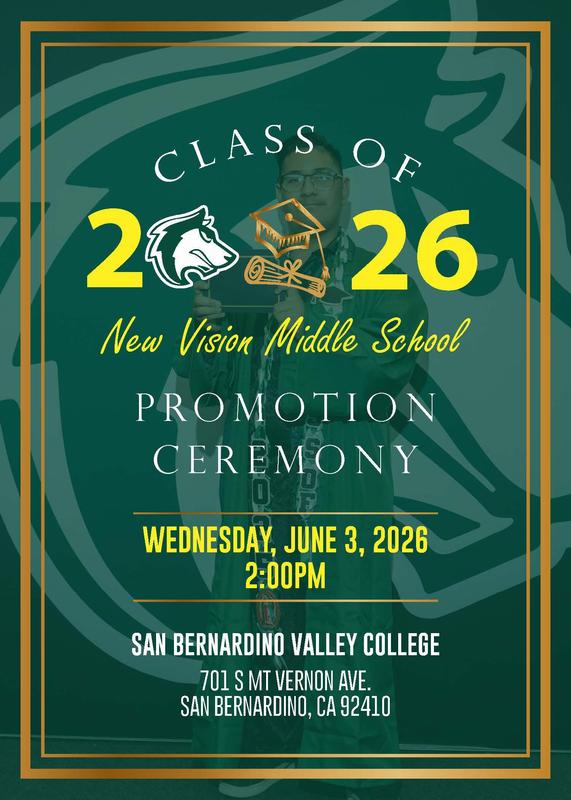 2026 NVMS 8th Grade promtion Ceremony Flyer at San Bernardino Valley College on Wednesday, June 3rd at 2:00 pm.