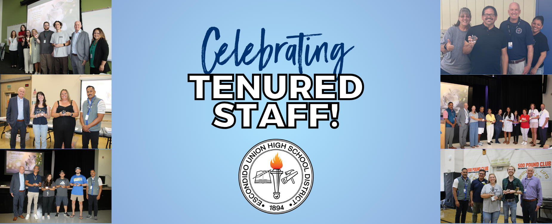 Collage celebrating tenured staff with awards and presentations at various events.
