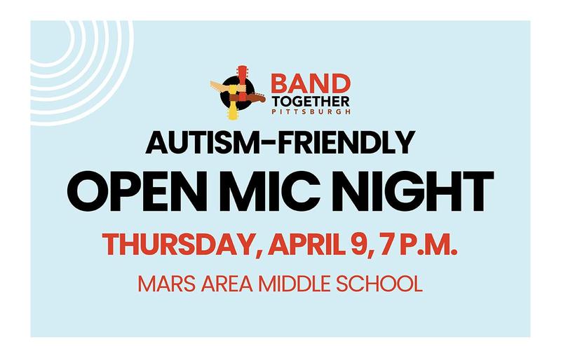 a light blue background with white concentric circles and the words Open Mic Night