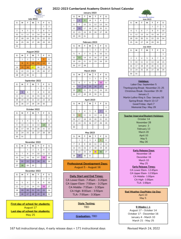 2022-2023 District School Calendar | Cumberland Academy