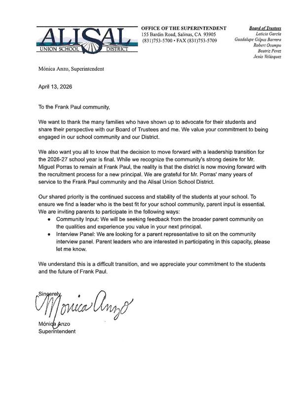 Signed letter about changes in leadership at Frank Paul