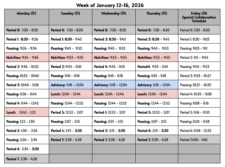 Bell Schedule Week of Jan. 12