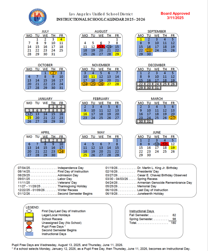 Instructional Calendar 2025-20026