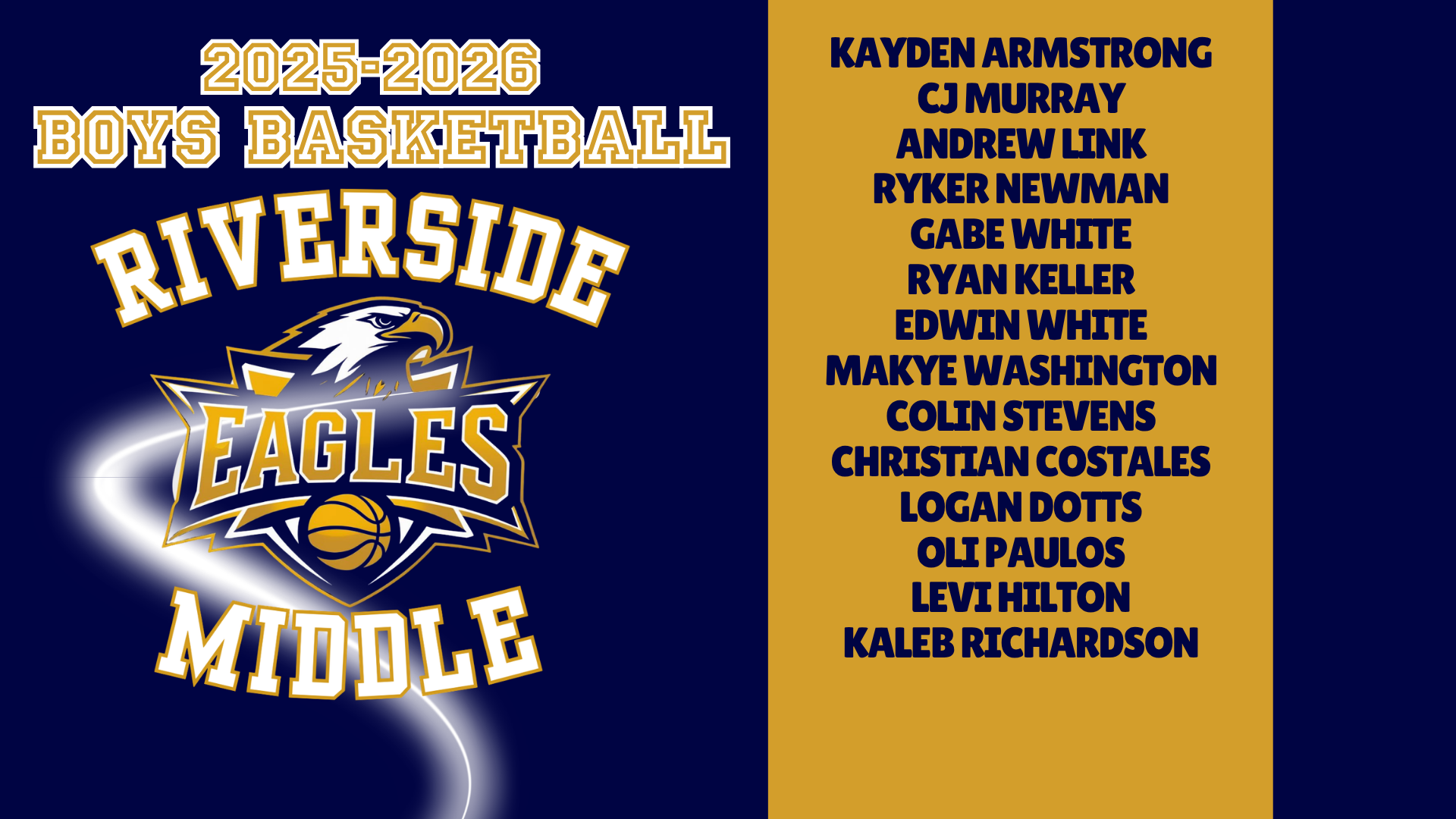Roster of Riverside Middle School boys basketball team for 2025-2026 season.
