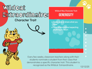 red, yellow, and teal background with announcement and student faces plus wildcat mascot